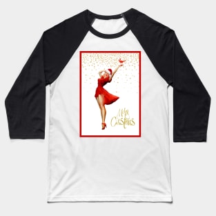 Christmas Pin-Up In Red Dress and Santa Hat Baseball T-Shirt